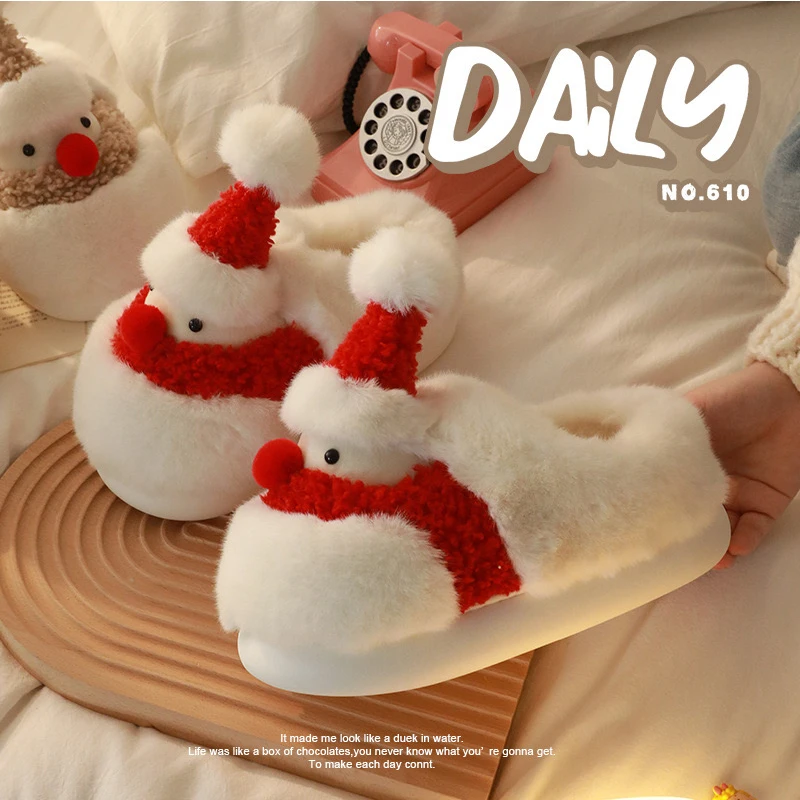 Furry Santa Claus household slippers with heel wrapped，non slip thick sole cute Christmas warm shoes for men and women，winter