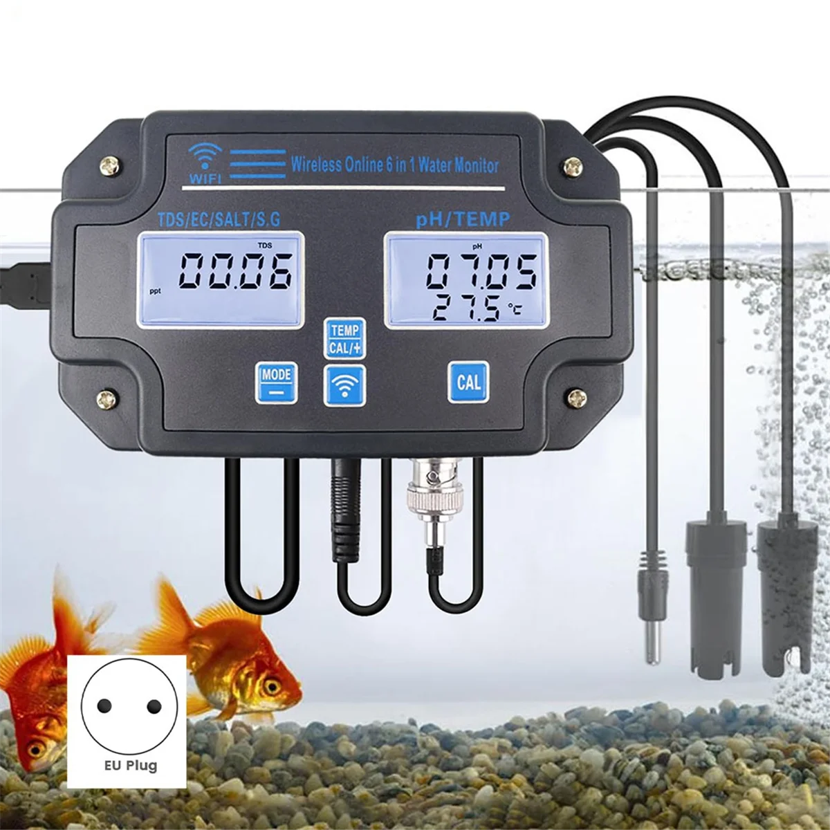 AA98 Smart Water Quality Tester 6-in-1 PH/EC/TDS/Salinity/S.G and Temperature Meter with Wi-Fi Continuous Monitor Eu Plug
