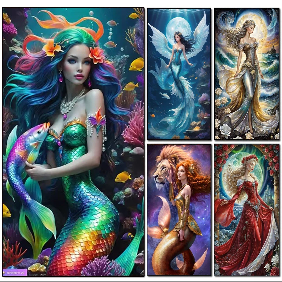 Fairy 5D Diy Diamond Painting Cross Stitch Kit Sea Mermaid Moon Scenery Full Rhinestone Embroidery Mosaic Goddness Wall Decor