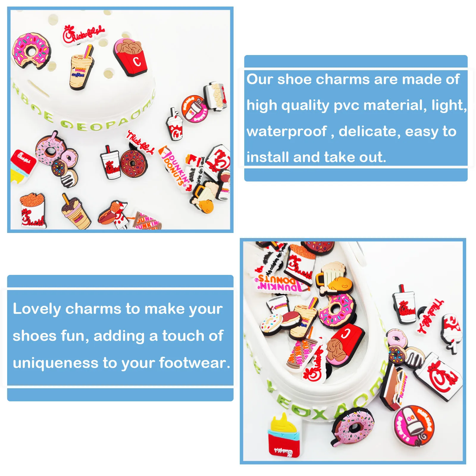 23Pcs Food Donut Series Shoe Charms For Shoe Key Chain Sandals Beach Bag, PVC DIY Shoe Decorations Accessories Shoes Pins
