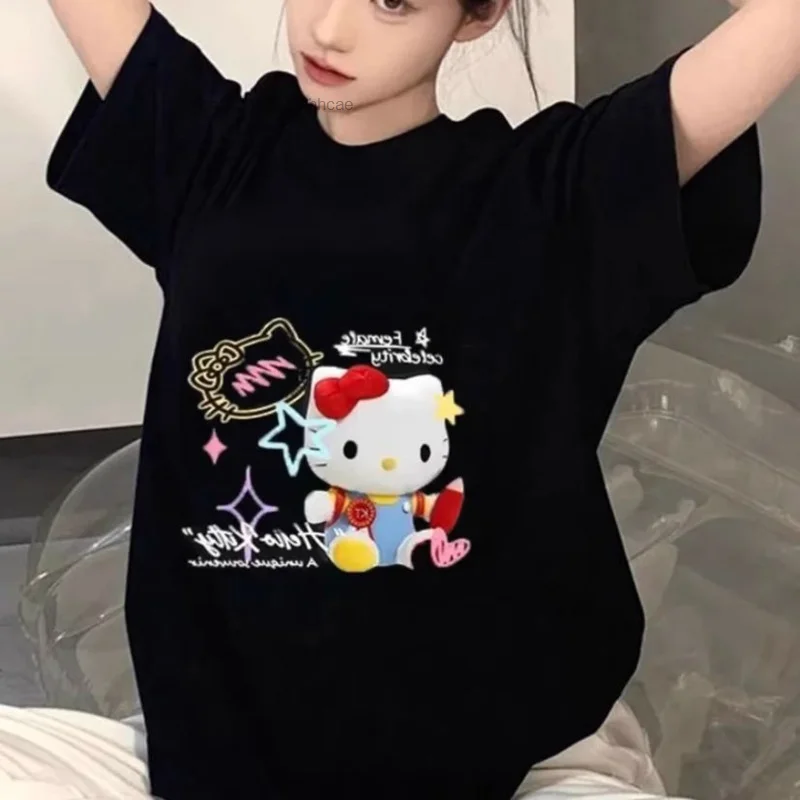 Sanrio Cute Hello Kitty Printed T-shirt Youthful Woman Clothes Summer Hip Hop Short Sleeved Top 90s Trend 2000s Kawaii Black Tee