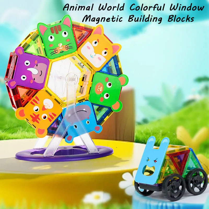 100 SZTUK Kolorowe Magnetyczne Klocki Budowlane z Motywem Zwierząt Leśnych do Okna, Zestaw DIY dla Dzieci, Gra Konstrukcyjna dla Maluchów, Prezent