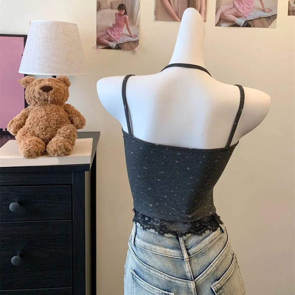 한국식 도트 스트랩 슬림 베스트 탱크탑 민소매 캐미솔 패드 포함 레이스 불규칙 Y2K 슬림 크롭탑 클럽웨어