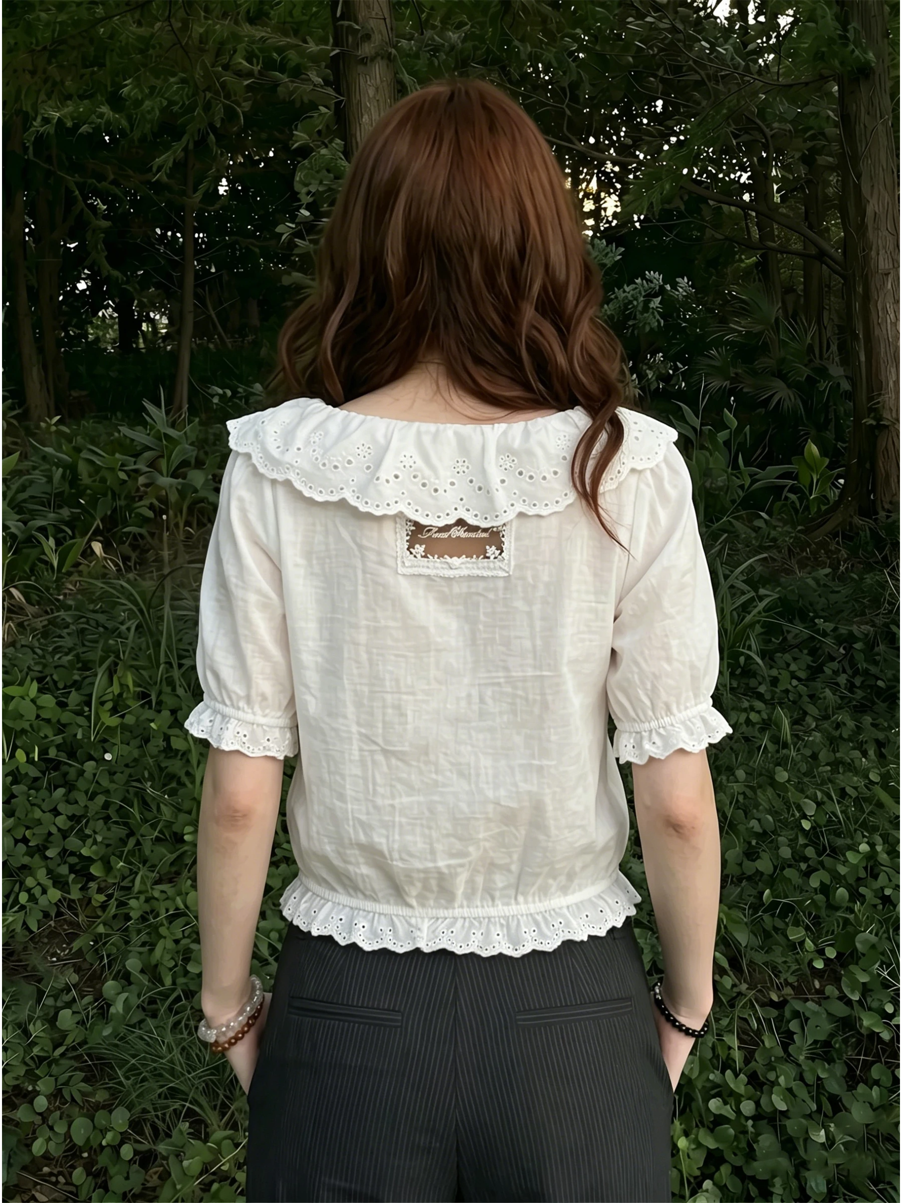 Sweet Style White Doll Collar Short Sleeve Women's Shirt 2026 New Summer Lace Trim Short Length Top Casual Loose Fit Button D...
