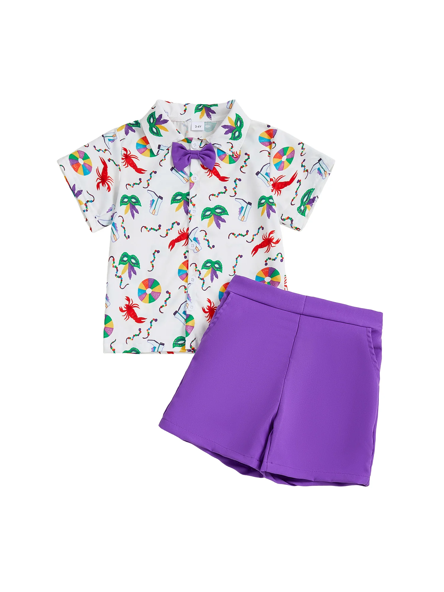 ملابس Mardi Gras للأطفال الصغار مع قميص ربطة عنق بأكمام قصيرة وطبعة ملابس وجه ملونة وسروال قصير بخصر مطاطي - طقم مكون من قطعتين