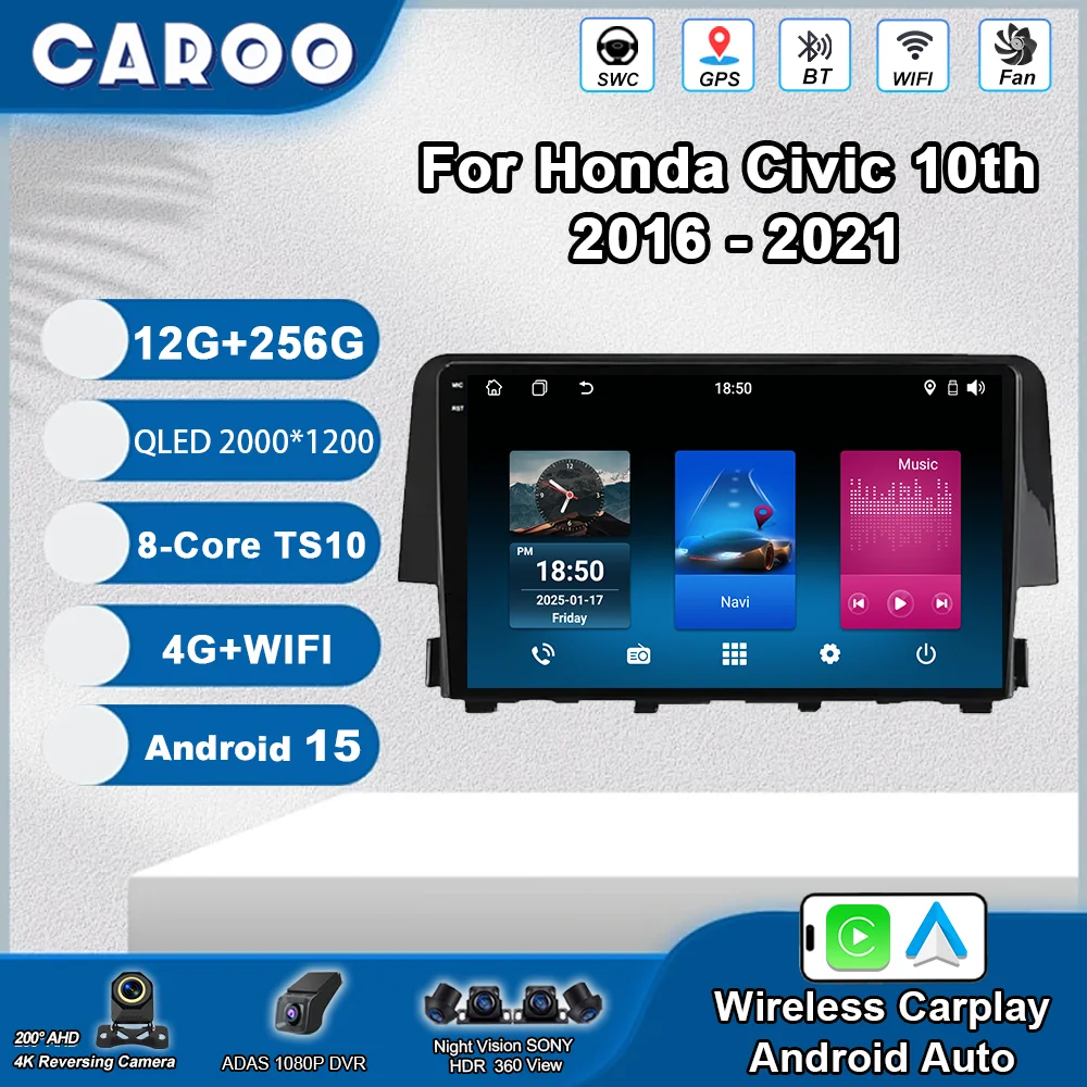 

For Honda Civic 10th 2016 2017 2018 2019-2021 Android 15 Carplay Auto Car Radio Multimedia Video Player Navigation GPS 4G WIFI