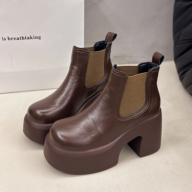 

New High Heels Women Boots Platform Shoes Fashion Chelsea Short Boots 2025 Winter Goth Leather Shoes Chunky Snow Botas De Mujer