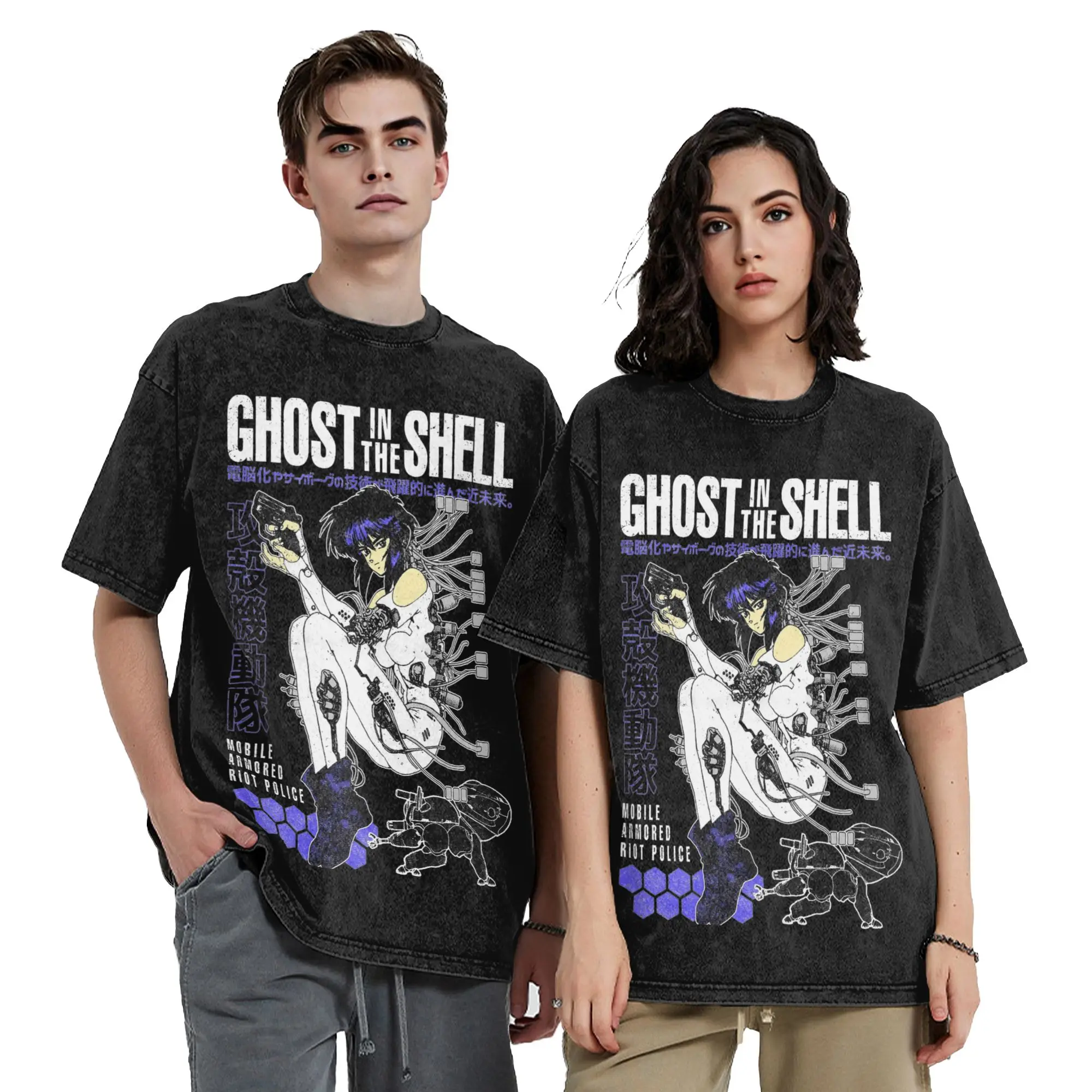 Harajuku Ghost in the Shell Anime Motoko Kusanagi Vintage Washed T-Shirt Men Cotton Short Sleeve  Round Neck Summer Top Tee