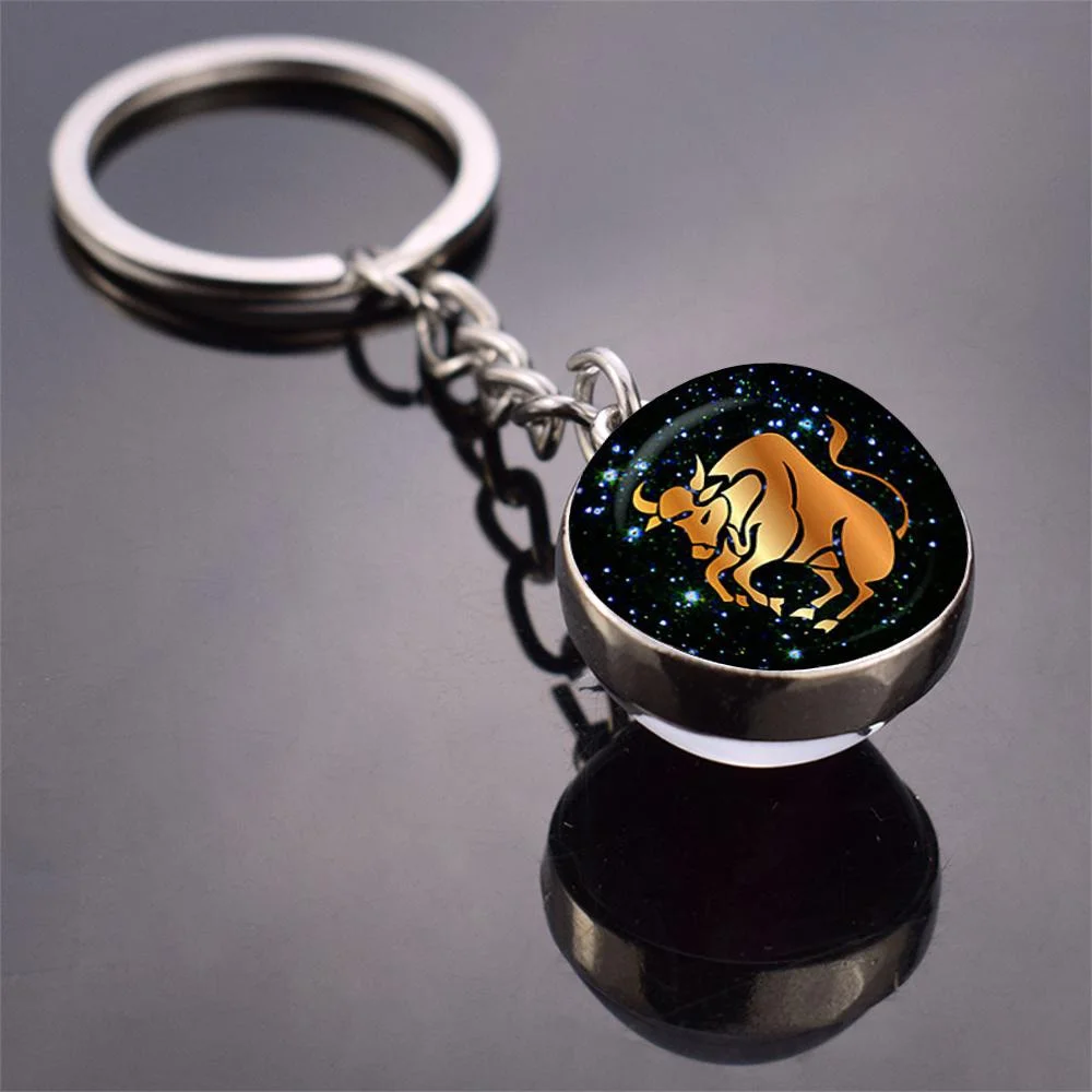 New Fashion 12 Constellation Double Side Glass Ball Pendant Keychain 12 Zodiac Signs Keyring Boyfriend Girlfriend Birthday Gifts