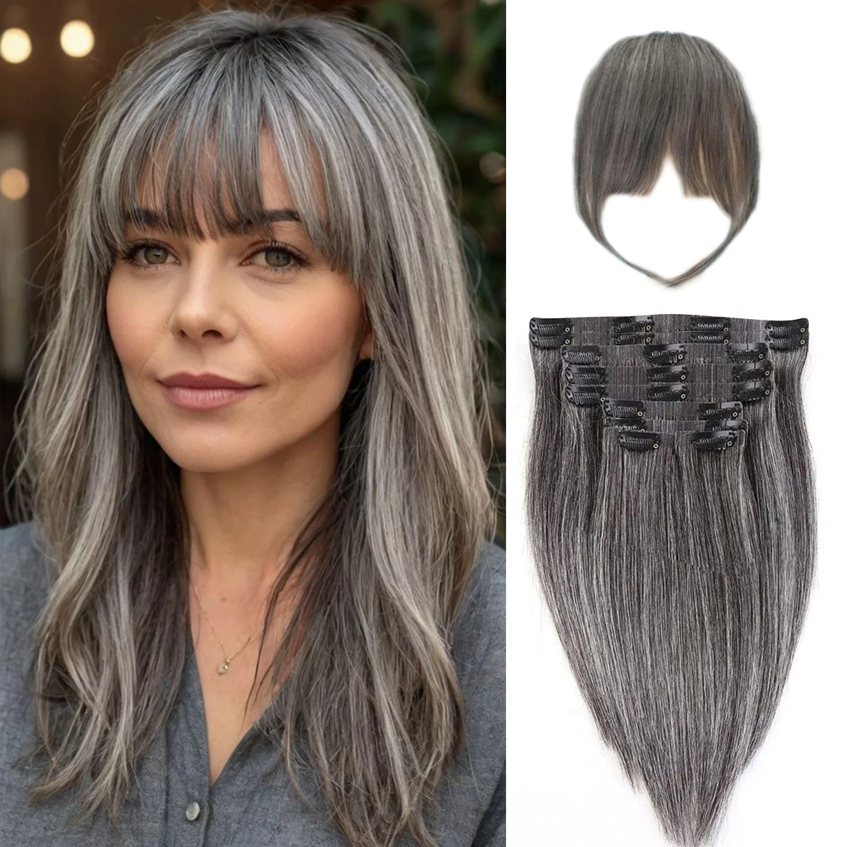 16A Grey Straight Hair Clip 18Inch Grey Hair Extensions And Bangs Clip Seamless Pu Weft Straight Seamless Hair Extensions