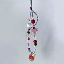 Cute Phone Charm Strap Red Strawberry Ice Cream Pendant Pink Heart Bowknot Bead Keychain Lanyard Woman Schoolbag Camera Decor