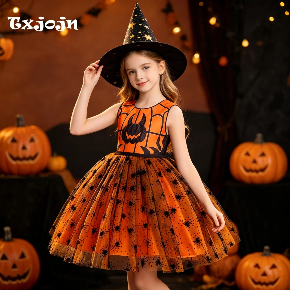 Halloween Girl's Dress with Free Hat 3-14 Years Old Girl's Printed Fluffy Dress Puff Sleeve Mesh Dress Performance Dress