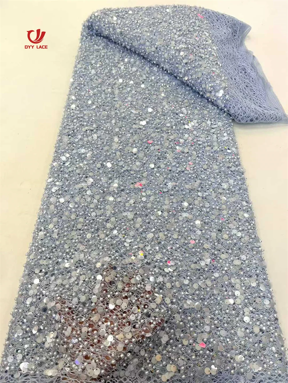 

2025 African Sequins Lace French Tulle Beaded Lace Fabric Fashion 5 Yards Embroidery Nigerian Lace Fabric For Wedding Dress