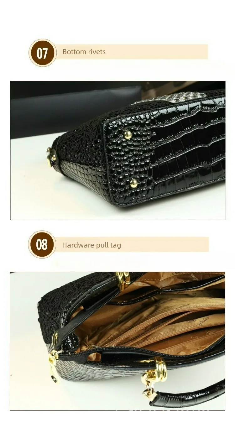 2026 Neue Elegante Handtasche mit Krokodilmuster aus Lackleder mit Spitzen- und Diamantenbesatz als Schulter- und Umhängetasche – Detail 11