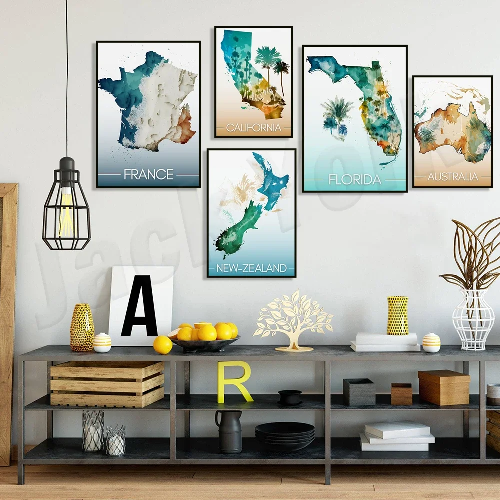 Florida, New Zealand, California, Australia, France Map Poster Travel Poster Canvas Painting Print Wall Picture Living Room Deco