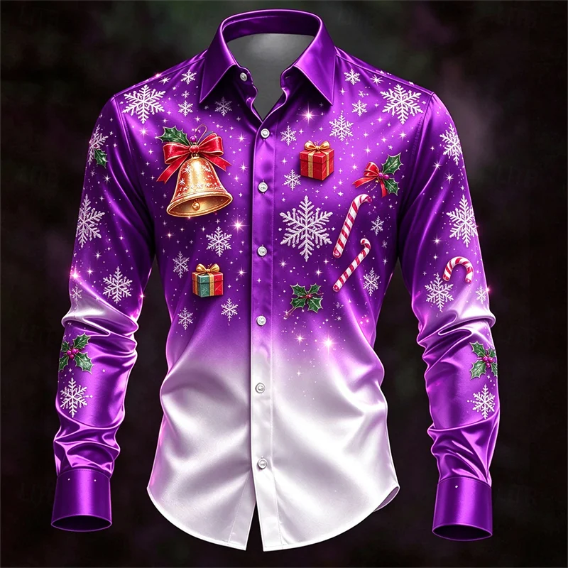 New men's shirt in dark green, white gold, Christmas tree crutch, candy red fruit, snowflake gold, bow print shirt