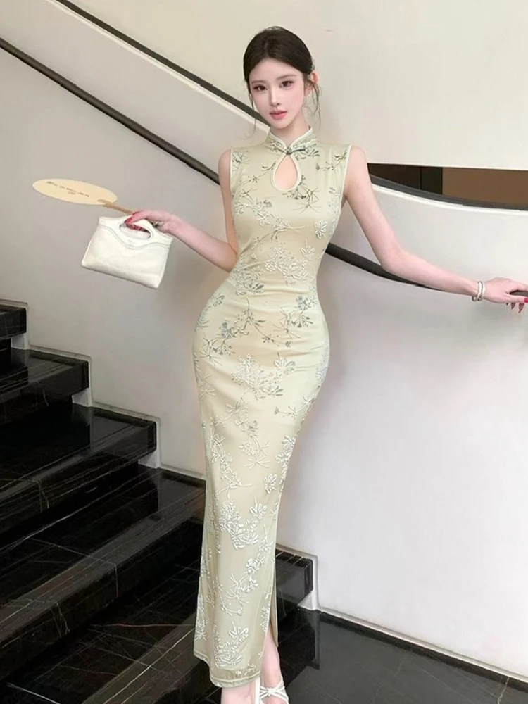 Elegant Simple New Chinese Style Vintage Reformed Velvet Qipao Long Dress Sexy High Waist Bodycon  Summer Dress