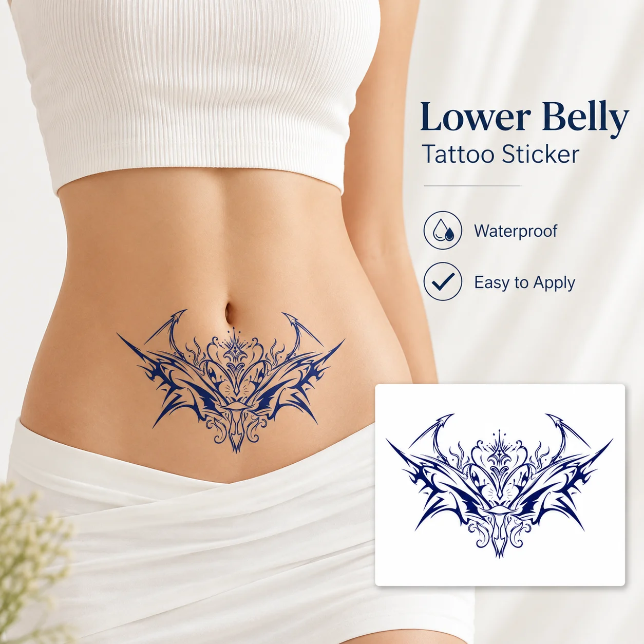 

Disposable Tattoo Sticker, Temporary Tattoo for Lower Belly, Waterproof Easy Apply Body Art for Women, Elegant Blue Tribal Desig