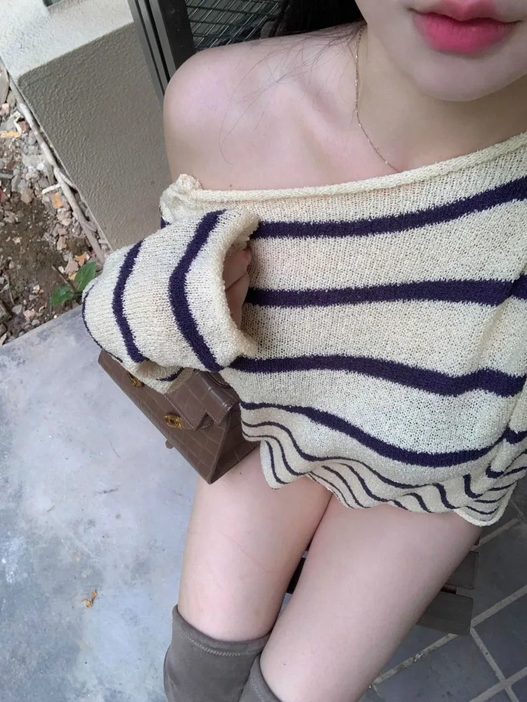 

Ezgaga Striped Sweater Women Diagonal Collar Off Shoulder Button Autumn Winter New Loose Pullover Sexy Fashion Knitted Jumper