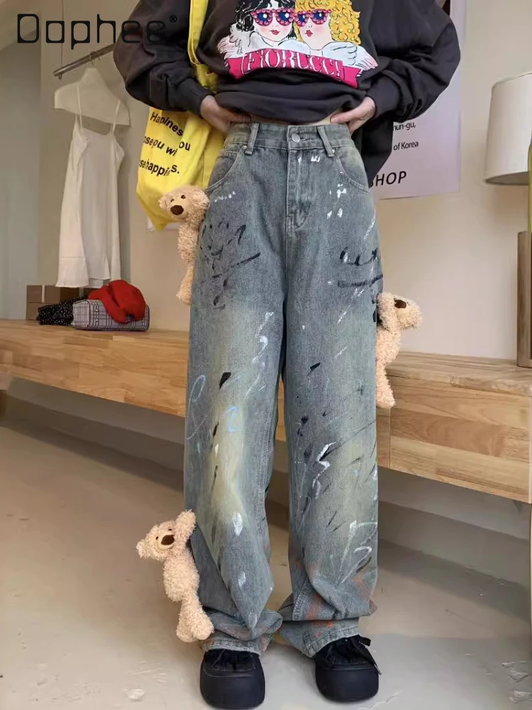 

Kpop Style Retro Doodle Hand Drawn Loose Jeans 2024 New Street Hipster Creative Bear Doll Decoration High Waist Jeans Women