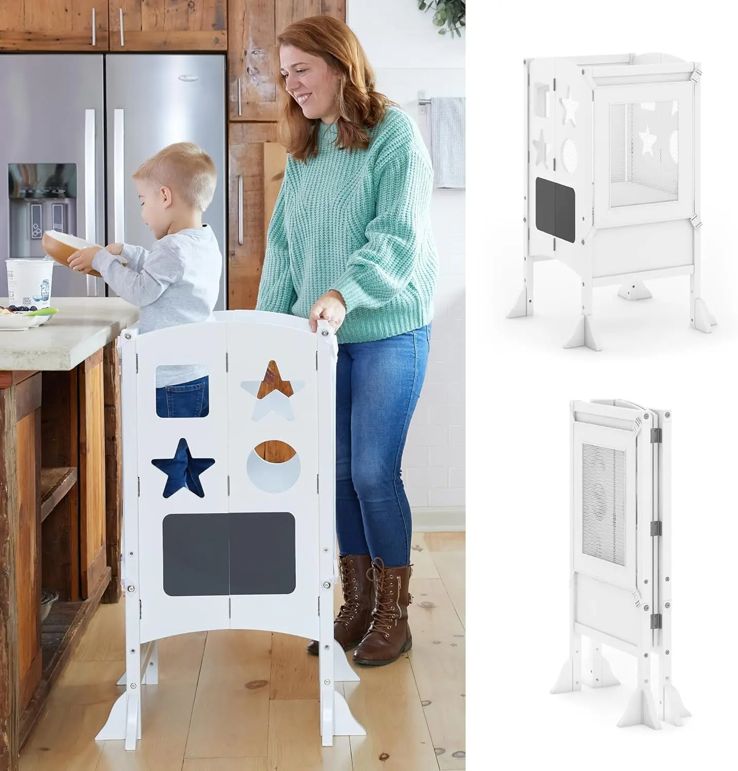 Classic Kitchen Helper® Stool - White with Keepers and Non-Slip Mat: Foldable, Adjustable Height Safety Cooking Tower for Toddle