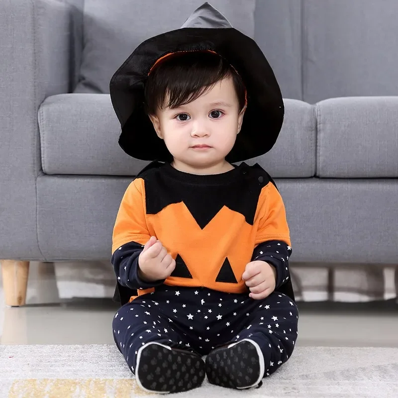 

Children's Clothing Halloween Bat Pumpkin Performance Clothes for Boys and Girls Set Wizard Hat Four-piece Baby Clothes