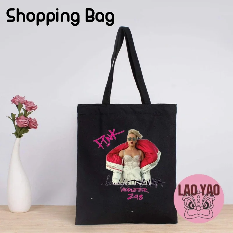 Pink Singer Canvas Tote Bag Woman Fans Gift P!nk Cloth Bags Women Shopper Aesthetic Carry Large Hand University Special Purpose