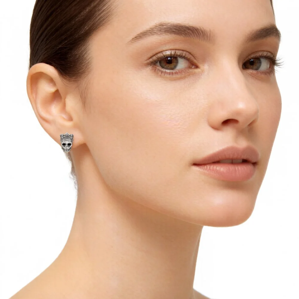 Stud Earrings Skull King Europe Style Edgy Fine Jewerly For Women Men New Vintage Rebel Gift In 925 Sterling Silver