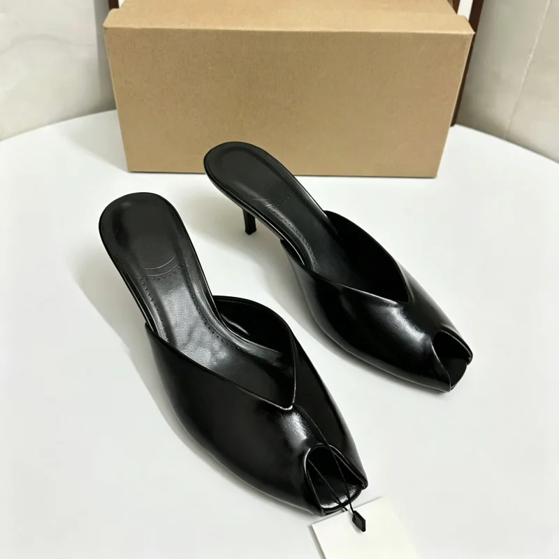 

New Fashionable Peep-Toe Mules for Women, Leather Upper, Versatile High-Heeled Sandals for Outdoor Wear