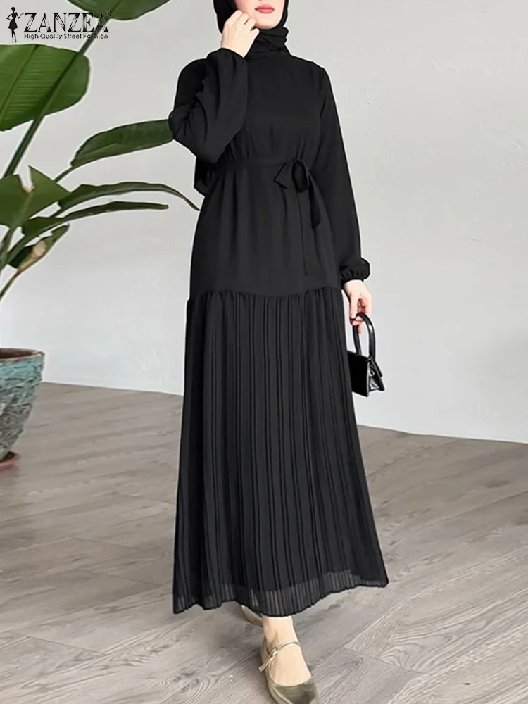 ZANZEA Women Autumn Patchwork Maxi Dress 2025 Elegant Long Sleeve Pleated Sundress Robe Femme Eid Mubarek Muslim Abaya Dresses
