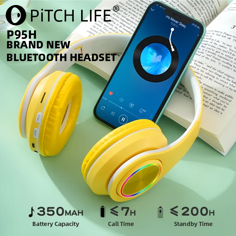 P95H,RGB,Moda Ears BT Wireless Headphone Com Mic E Flash Light, Capacete De Música Estéreo LED, Fone De Ouvido Dobrável, Present