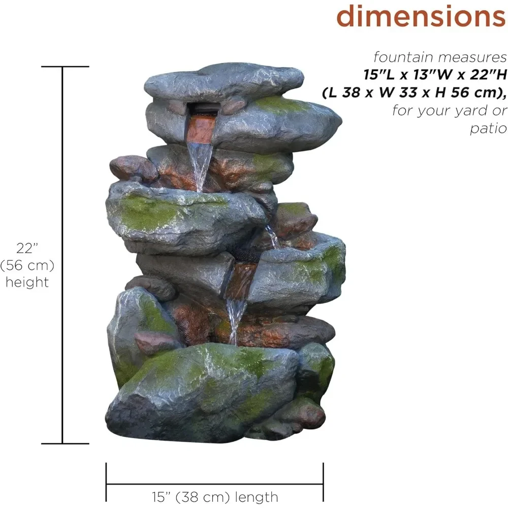 Fonte cascata de rocha de 3 camadas com luzes LED e aparência de pedra natural, 15 polegadas de comprimento x 13 polegadas de largura x 22 polegadas de altura