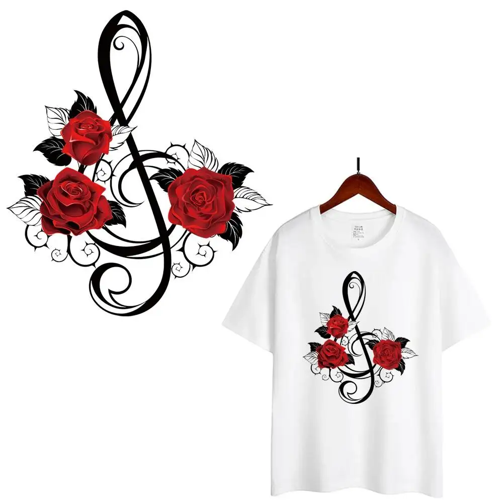 Red Rose Flower Music Notation Heat Transfer Patches For Clothes DIY A-Level Washable T-shirts Iron-on Thermal Stickers