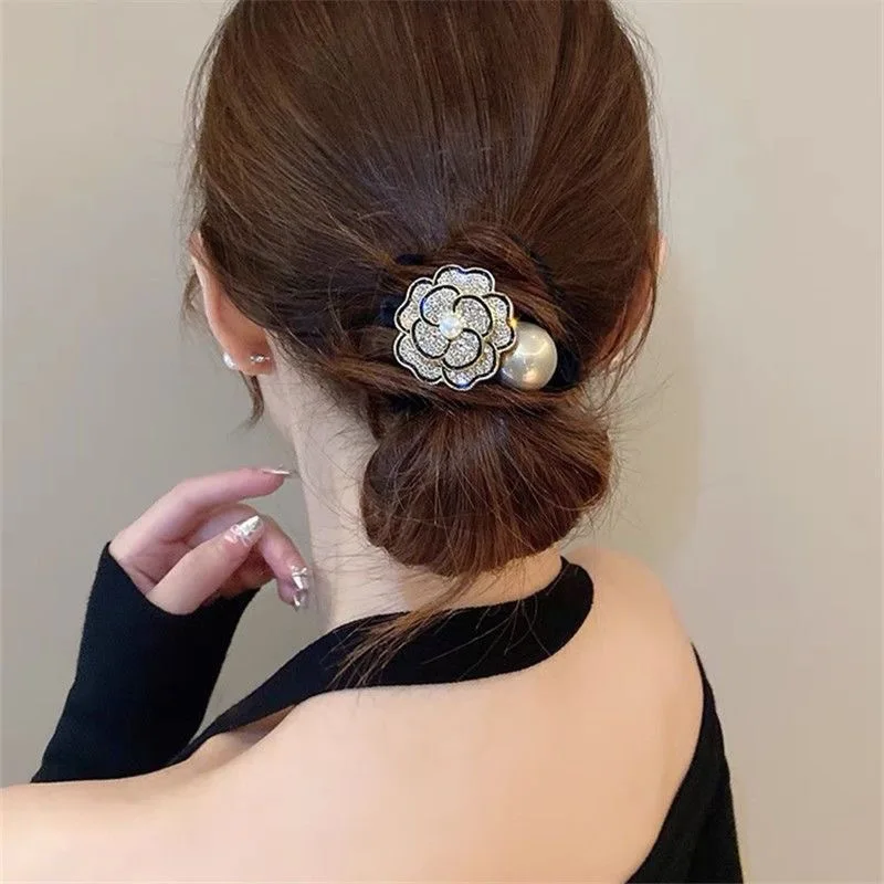 

Luxury Crystal Pearl Flower Hair Ties Women Elegant Ponytail Hair Bun Holder Elastic Head Bands Party Scrunchies Hair Accessory