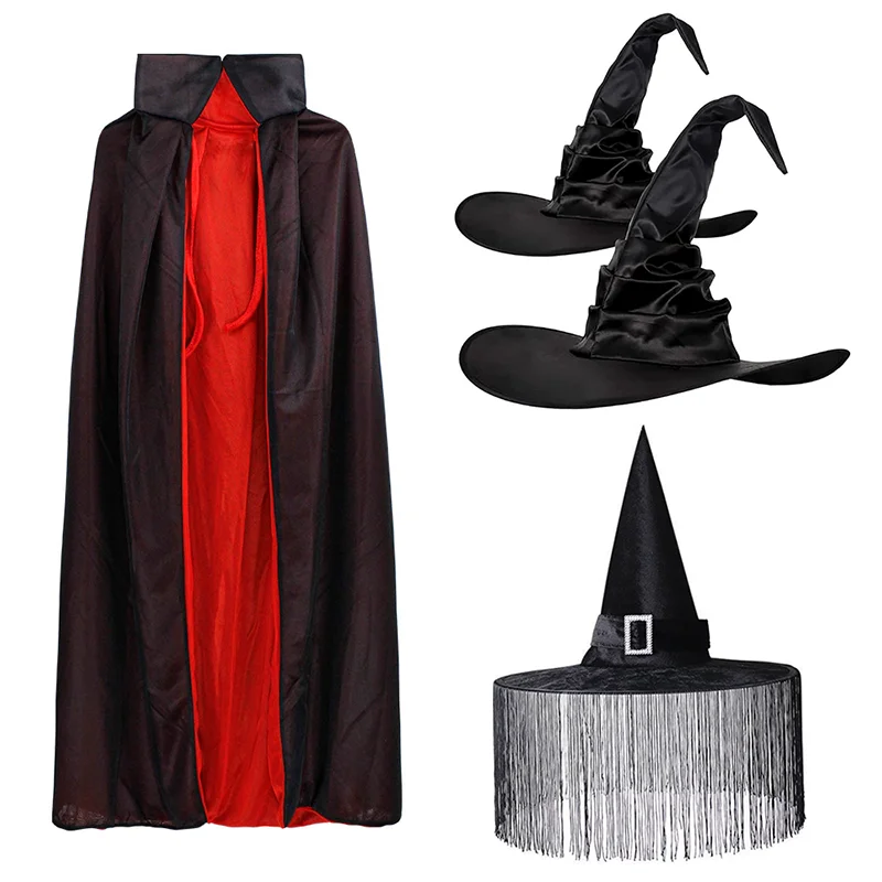 

Black Witch Hat Halloween Folds Wizard Party Cosplay Costume Cape Devil Cap Props Decoration Supplies for Adult Women Men