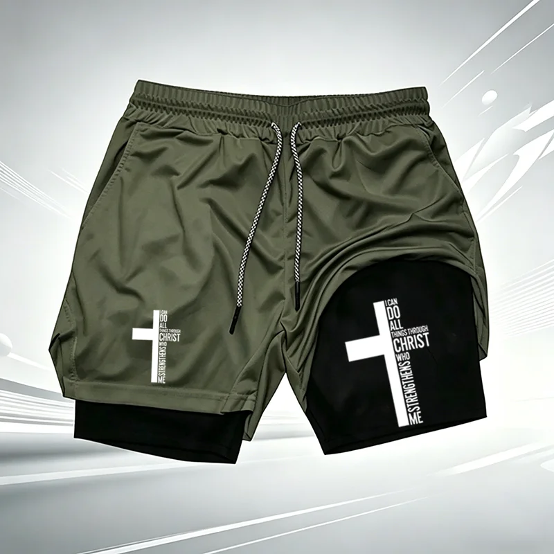 Men's 2 In 1 Cross Bible Verse Printed Shorts Quick Dry Built-in Compression Liner Gym Running Sport Athletic Short wx294