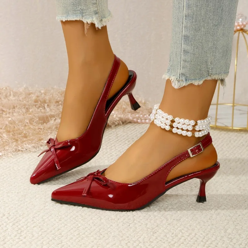 

Универсальные босоножки на шпильке с ремешком, модные нескользящие износостойкие туфли-лодочки из лакированной кожи с острым носком и бантом