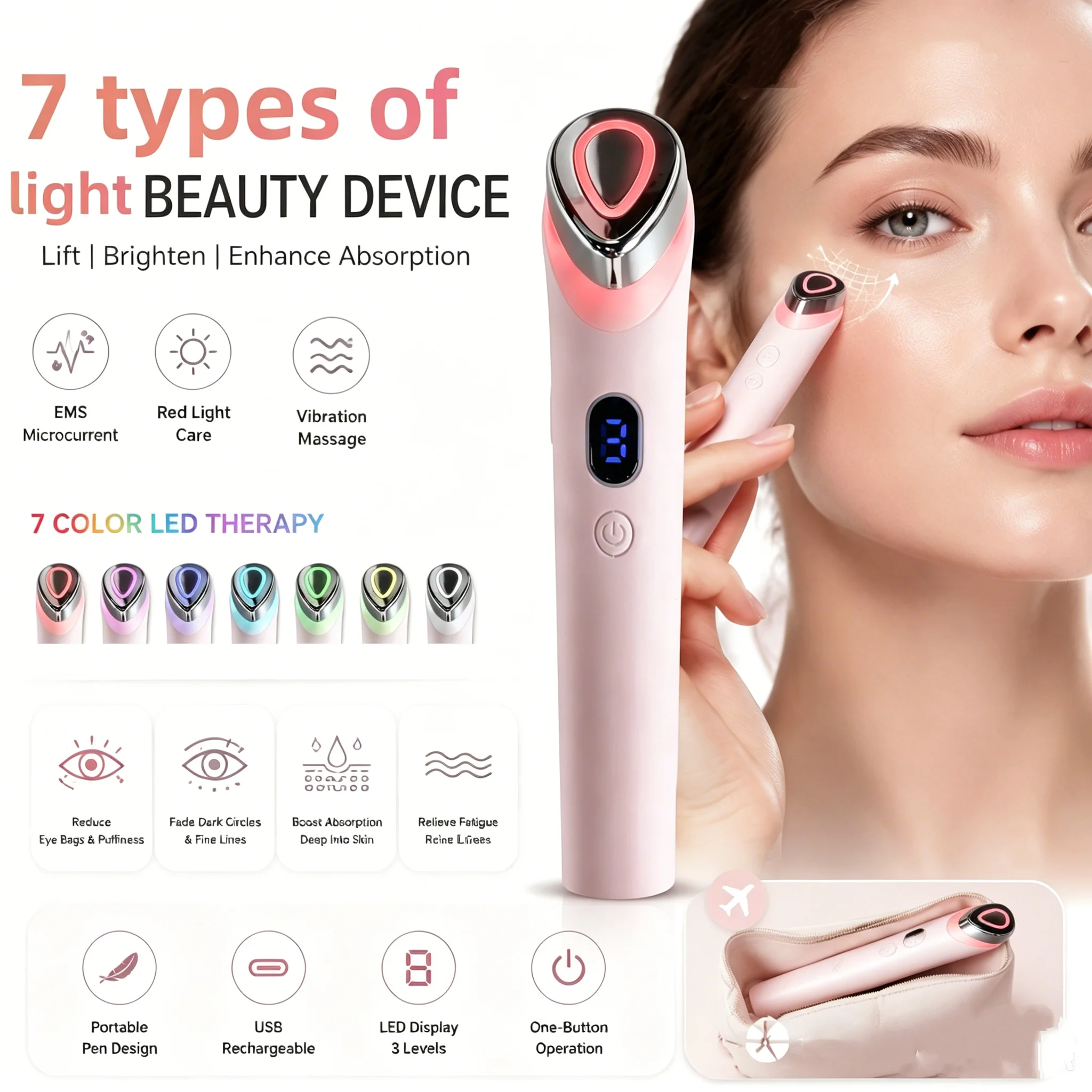 

Multi-tech Beauty Device 7-color LED Age Booster Por Deep Essence Import Firm Facial Contours Improve Skin Radiance