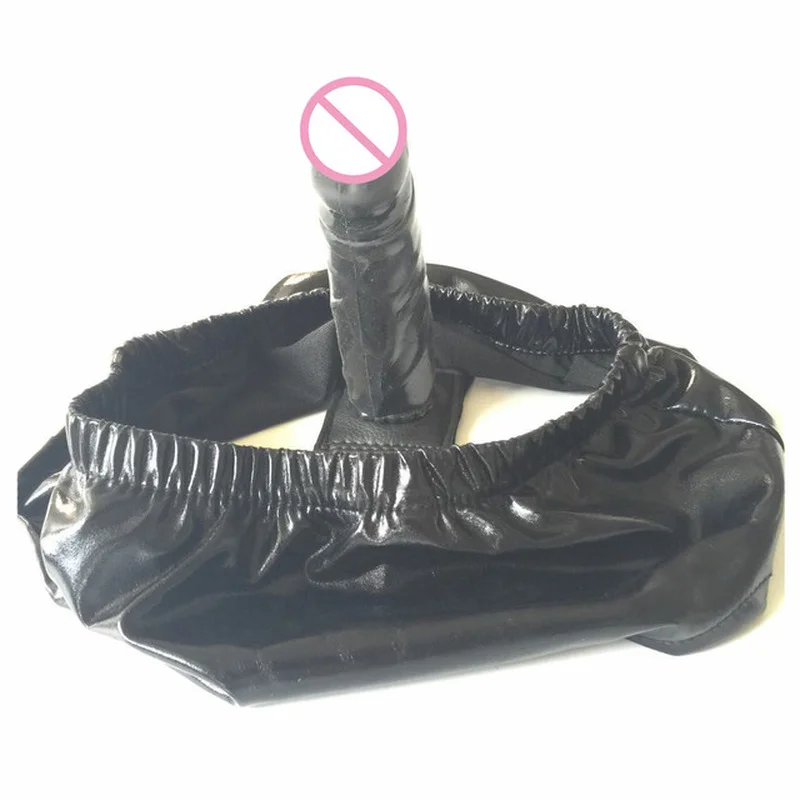 Sexy Women Silicone Inside Dildo Patent Leather Panties Briefs Rubberized Pants Anal Butt Penis Plug Chastity Underwear Sex Toys