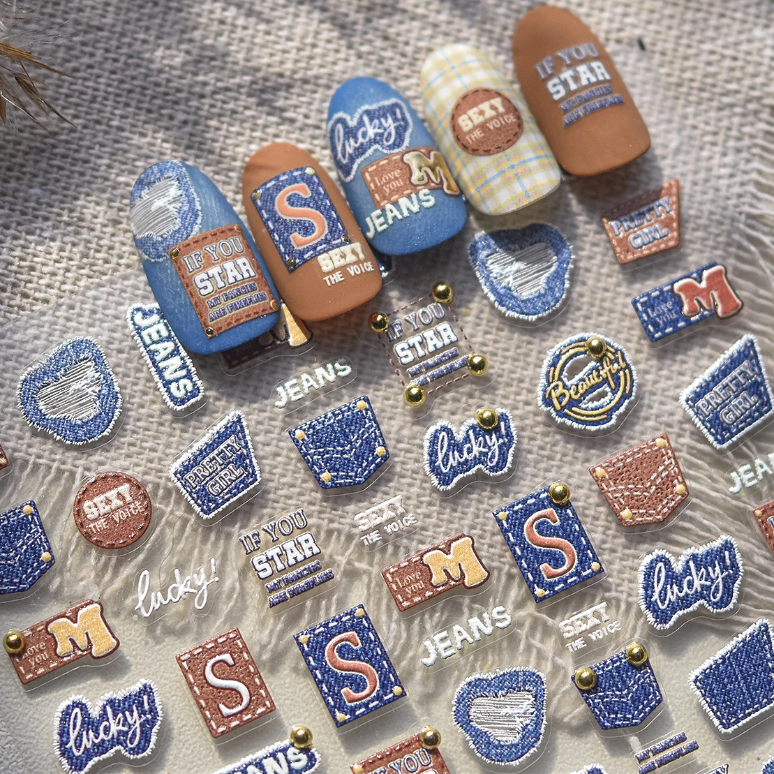 

Round Jeans Square Sexy Blue Series Cowboy Lucky Beautiful Letter Self Adhesive Nail Art Sticker Pearl Rhinestone Manicure Decal