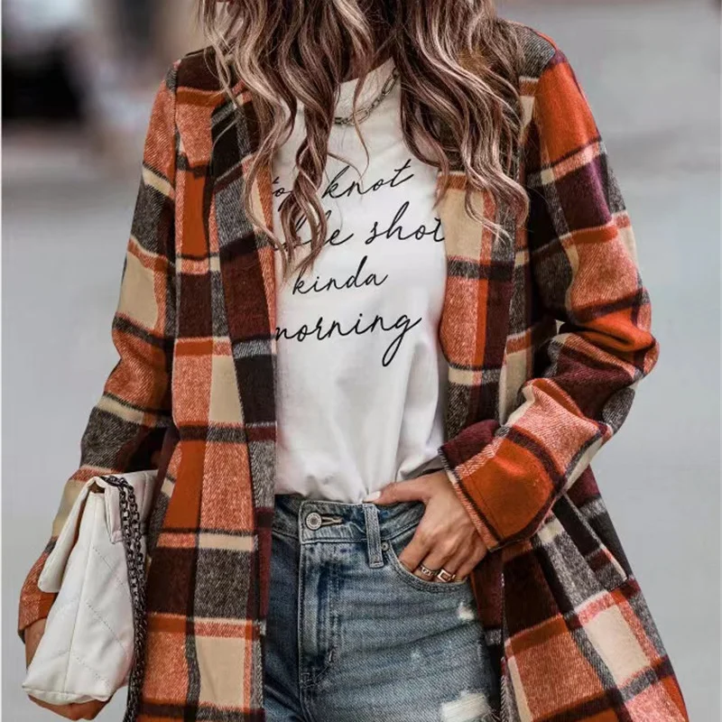 2023 Autumn/Winter New Age Reducing Lazy Style Simple Slim Loose Plaid Print Long Sleeve Pocket Suit Collar Woolen Female Coat