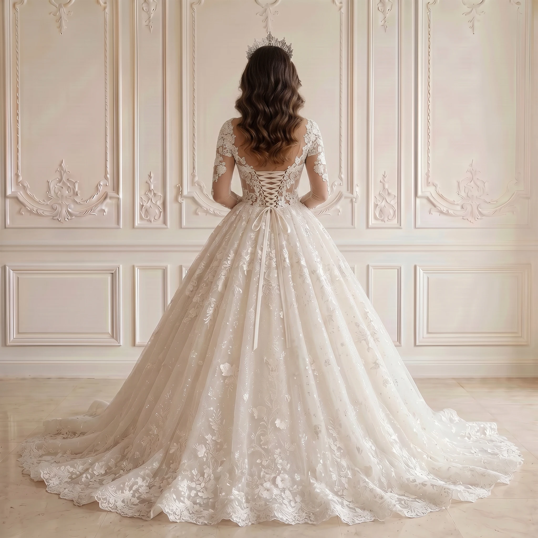 Illusion Neck Long Sleeve Ball Gown Wedding Dress 3D Floral Lace Corset Back Scalloped Chapel Train Bridal Gown