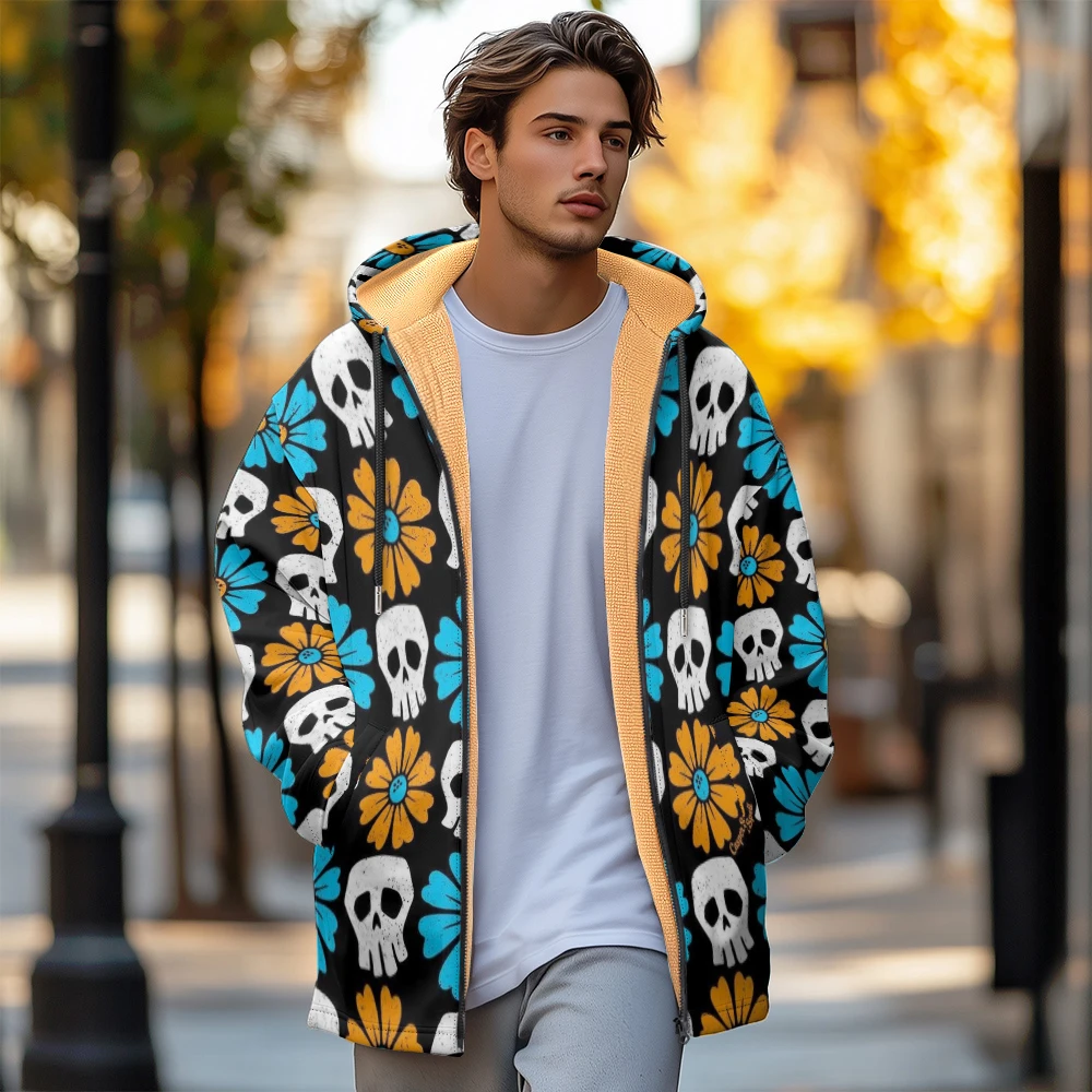 Man winter clothing, New in Down Coats, Skull flower doodle design cotton-padded jacket clothing, feather print pocket zipper