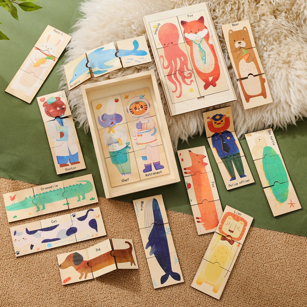 Wooden Animal Puzzle Set with Storage Box Montessori Animals Kids Puzzle Toys Fine Motor Skills Problem Solving Wooden Baby Toys