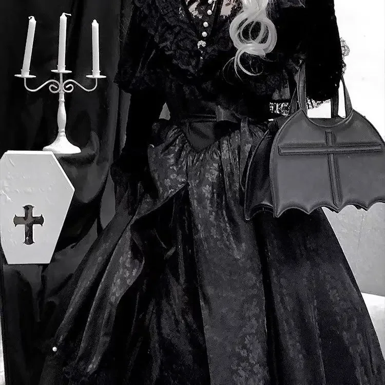 Licaboth Vintage estilo clásico elegante negro vestido de princesa Lolita estilo frío cuello de encaje Maxi-falda vestidos mujeres 2025