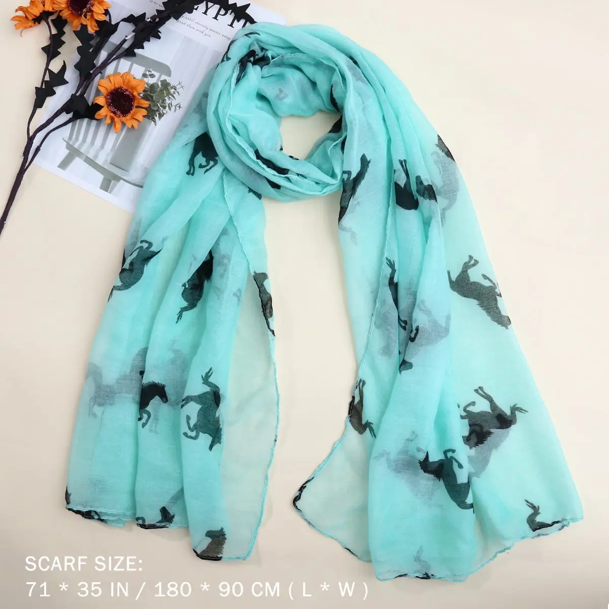 Running Horse Voile Women Shawl 180x110cm Women Long Scarf Blue Soft Thin Large Size Lady Wrap Scarves Seasons