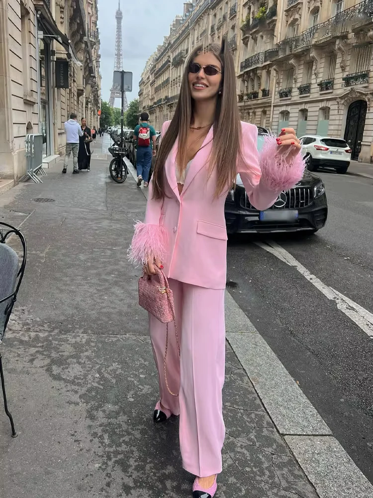 HH Women's Summer New Fashion Feather Pink Pant Suit Lapel Long Sleeve Blazer Coat+High Waist Pocket Commute Casual Trousers