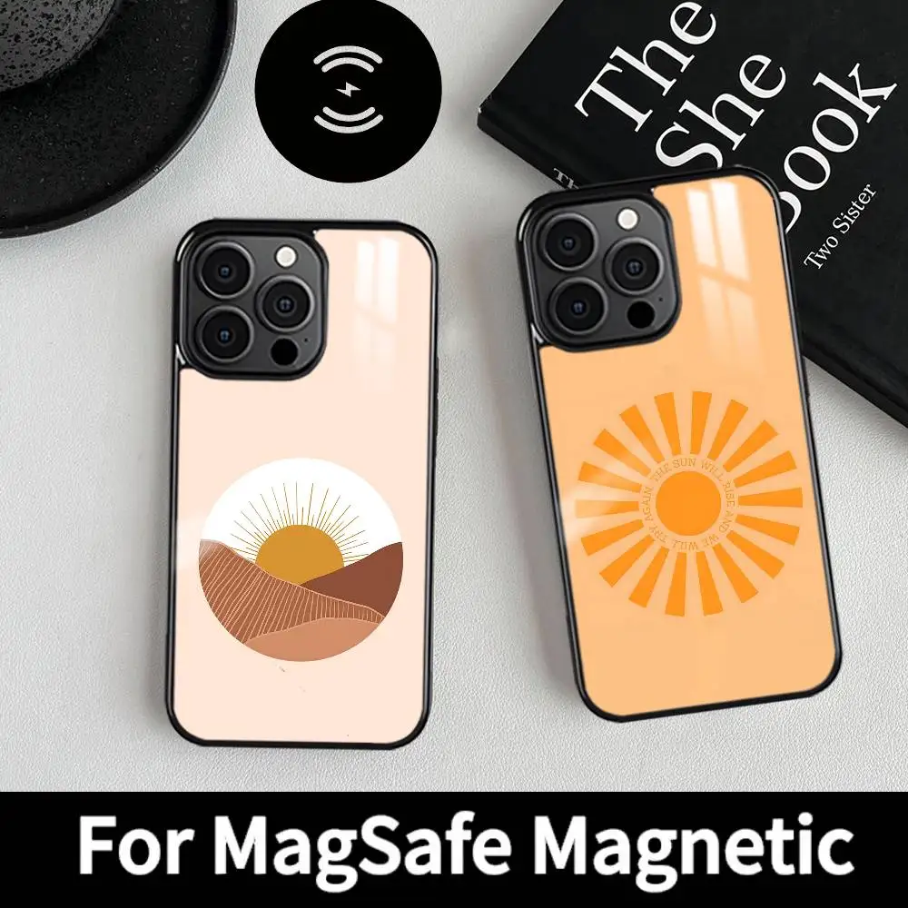 Retro Moderne Sonne Telefon Fall MagSafe Magnetische Für iPhone 16 15 14 13 12 11 Pro Plus Max Mini Drahtlose Ladegerät Funda