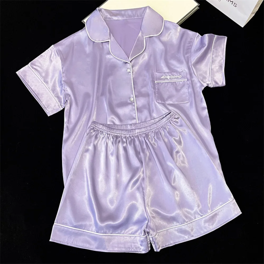 Women Pajamas Sets Summer 2 Piece Solid Pyjama Faux Silk Satin Buttons Down Sleepwear Short Sleeve Pijama Mujer Pjs Homewear