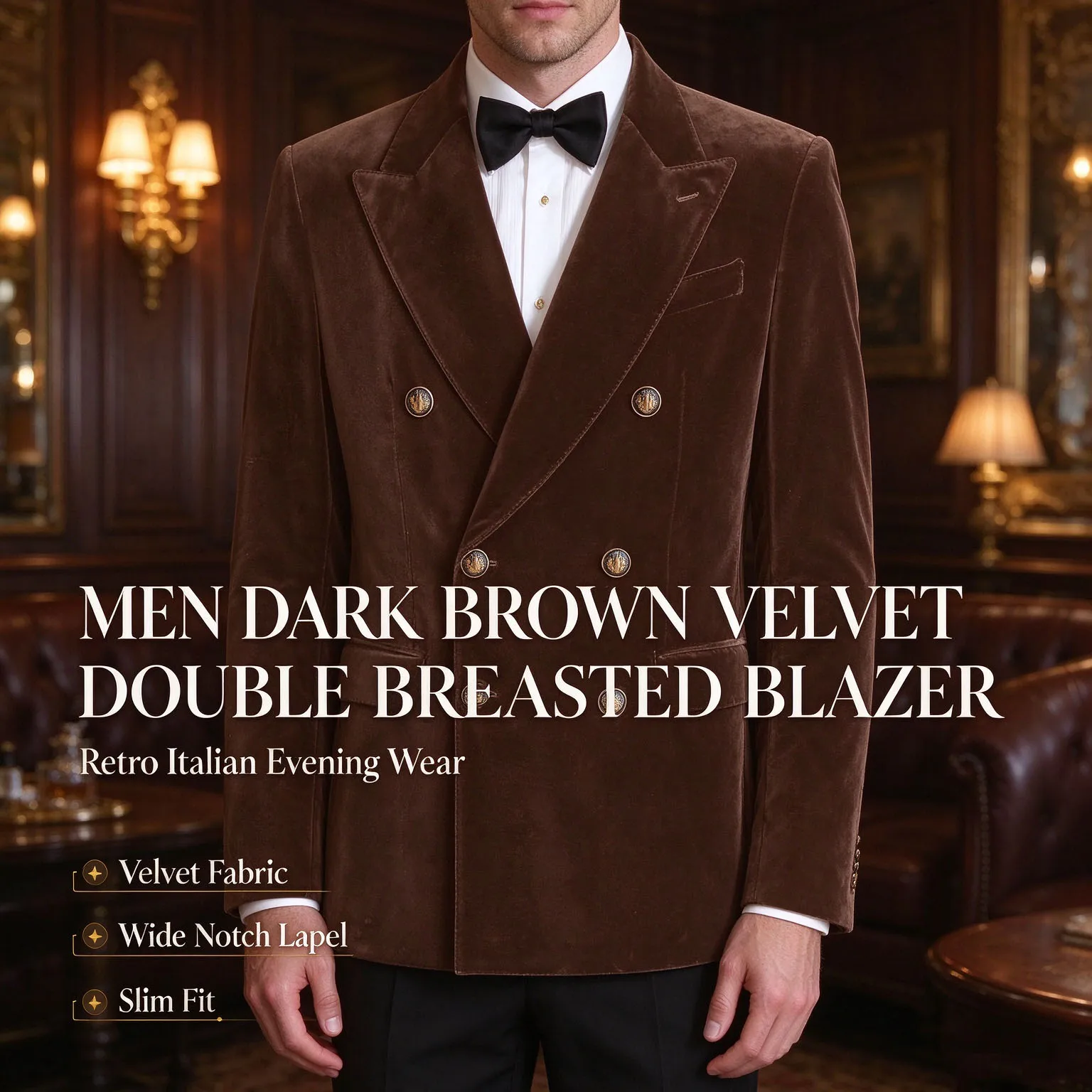Luxury Men‘s Double Breasted Velvet Blazer Peak Lapel Slim Fit Suit Jacket Elegant  Vintage Formal Business Wedding Party Coat